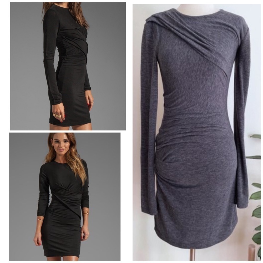 T by Alexander Wang Twisted Draped Ruched Gray Long Sleeves Sheath Dress XS‌‌